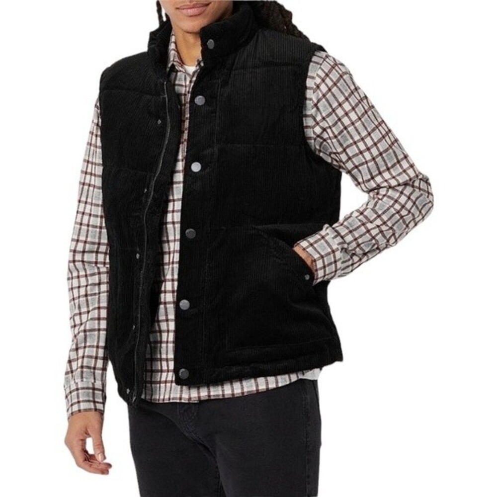 Blank NYC Corduroy Cotton Puffer Black Vest Lined Zip Snap Closure Warm Comfy